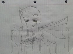 Size: 1024x765 | Tagged: safe, artist:zentageron, fluttershy, bat pony, pony, apple, dripping, flutterbat, monochrome, race swap, traditional art