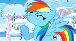 Size: 1099x597 | Tagged: safe, screencap, derpy hooves, dizzy twister, lightning bolt, merry may, orange swirl, rainbow dash, rainbowshine, sassaflash, white lightning, pegasus, pony, sonic rainboom (episode), background pony audience, cloudiseum, confetti, endless clouds, eyes closed, female, high spirits, mare, raised hoof, solo focus, streamers