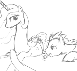 Size: 1169x1073 | Tagged: safe, artist:patch, doctor whooves, princess celestia, alicorn, pony, belly, celestiwhooves, crack shipping, crossover, doctor who, female, kicking, male, monochrome, preglestia, pregnant, shipping, sketch, sonic screwdriver, straight