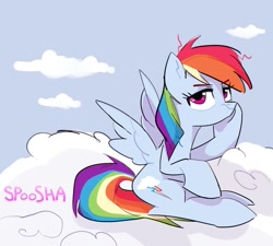 Size: 807x726 | Tagged: safe, artist:spoosha, rainbow dash, pegasus, pony, bored, cloud, female, hoof on cheek, lidded eyes, looking at you, mare, messy mane, on a cloud, sitting, sky, solo, spread wings, wings