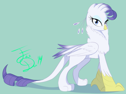 Size: 2161x1610 | Tagged: safe, artist:farewelldecency, rarity, griffon, green background, griffonized, looking at you, my little griffon, signature, simple background, solo, species swap