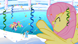 Size: 1366x768 | Tagged: safe, screencap, cloud kicker, derpy hooves, dizzy twister, fluttershy, merry may, orange swirl, rainbow dash, rainbowshine, rarity, spring melody, sprinkle medley, pegasus, pony, unicorn, sonic rainboom (episode), cheering, cloudiseum, confetti, female, high spirits, mare, streamers