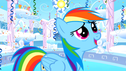 Size: 1366x768 | Tagged: safe, screencap, cloud kicker, derpy hooves, lightning bolt, rainbow dash, rainbowshine, sassaflash, spring melody, sprinkle medley, white lightning, pegasus, pony, sonic rainboom (episode), background pony audience, cloudiseum, confetti, crying, female, mare, open mouth, solo focus, streamers, tears of joy