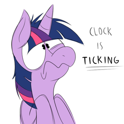 Size: 500x500 | Tagged: safe, artist:karpet-shark, derpibooru import, twilight sparkle, clock is ticking, frown, messy mane, scene interpretation, scrunchy face, solo, this will end in tears, twilight snapple, twily-daily