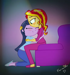 Size: 2024x2184 | Tagged: safe, artist:fernandash, sunset shimmer, twilight sparkle, equestria girls, alternate costumes, clothes, eyes closed, female, hug, lesbian, pajamas, shipping, slippers, sunsetsparkle