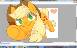 Size: 1280x800 | Tagged: safe, artist:sion, applejack, earth pony, pony, computer, fourth wall, heart, hoofbump, looking at you, pixiv, solo, underhoof