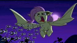 Size: 1920x1080 | Tagged: safe, edit, edited screencap, screencap, fluttershy, bat pony, pony, bats!, fangs, flutterbat, flutterbat attack, flying, meme, moon, night, race swap, solo, star wars, starfighter, tie interceptor