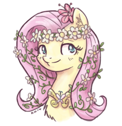 Size: 777x800 | Tagged: safe, artist:king-kakapo, fluttershy, pegasus, pony, bust, chest fluff, colored pupils, ear fluff, element of kindness, female, floral head wreath, flower, fluffy, head, mare, portrait, simple background, smiling, solo