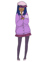 Size: 500x700 | Tagged: safe, artist:lovechafes, derpibooru import, twilight sparkle, cap, clothes, hat, humanized, jacket, mary janes, miniskirt, skirt, solo, stockings