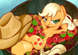 Size: 3507x2480 | Tagged: safe, artist:gashiboka, applejack, earth pony, pony, apple, applejack's hat, arm behind head, barrel, bedroom eyes, cowboy hat, crossed legs, female, foodplay, freckles, hat, looking at you, lying, mare, on back, pile, solo, stetson