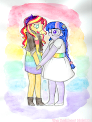 Size: 1997x2625 | Tagged: safe, artist:therainbowmaiden, sci-twi, sunset shimmer, twilight sparkle, equestria girls, alternate costumes, clothes, dress, female, gay pride, gay pride flag, heart eyes, holding hands, lesbian, looking at each other, pride, pride month, scitwishimmer, shipping, sunsetsparkle, wingding eyes