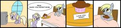 Size: 2161x500 | Tagged: safe, artist:speccysy, derpy hooves, dinky hooves, pegasus, pony, bed, comic, equestria's best daughter, female, mare, muffin