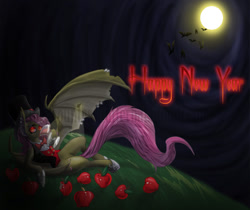 Size: 1301x1093 | Tagged: safe, artist:alorix, fluttershy, bat, bat pony, pony, 2014, apple, bowtie, clothes, countess flutterbat, drinking blood, flutterbat, happy new year, hat, moon, new year, night, race swap, top hat, watermark