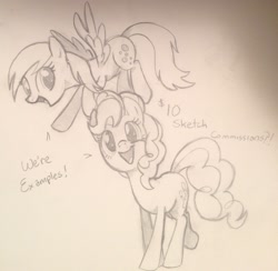 Size: 1600x1559 | Tagged: safe, artist:impydoo, derpy hooves, pinkie pie, pegasus, pony, female, mare, monochrome, sketch, traditional art