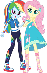 Size: 477x735 | Tagged: safe, derpibooru import, fluttershy, rainbow dash, human, better together, equestria girls, clothes, converse, dress, feet, geode of fauna, geode of super speed, looking at you, magical geodes, official, photo, sandals, shoes, simple background, sneakers, transparent background