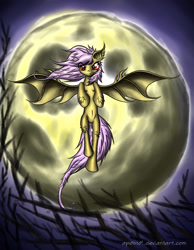 Size: 1400x1800 | Tagged: safe, artist:ap0st0l, fluttershy, bat pony, pony, bats!, season 4, flutterbat, flying, moon, night, race swap, solo