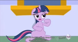 Size: 704x386 | Tagged: safe, derpibooru import, screencap, twilight sparkle, the crystal empire, hub logo, numbers, solo, youtube caption