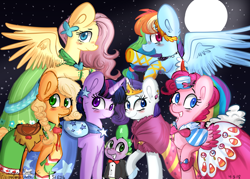 Size: 4900x3500 | Tagged: safe, artist:compassrose0425, derpibooru import, applejack, fluttershy, pinkie pie, rainbow dash, rarity, spike, twilight sparkle, unicorn twilight, dragon, earth pony, pegasus, pony, unicorn, the best night ever, clothes, dress, full moon, gala dress, mane seven, mane six, moon, stars