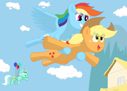 Size: 1400x1000 | Tagged: safe, artist:mc-ryan, derpibooru import, applejack, lyra heartstrings, rainbow dash, earth pony, pegasus, pony, disney, pixar, toy story