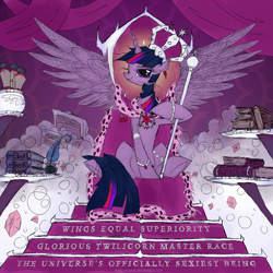 Size: 1000x1000 | Tagged: safe, artist:php15, derpibooru import, twilight sparkle, twilight sparkle (alicorn), alicorn, pony, book, crown, elements of harmony, female, glorious master race, jewelry, mare, royalty, scepter, scroll, smug, smuglight sparkle, solo, throne, treasure, treasure chest, tyrant sparkle