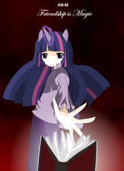 Size: 733x1014 | Tagged: safe, artist:an-m, derpibooru import, twilight sparkle, book, eared humanization, horned humanization, humanized, solo