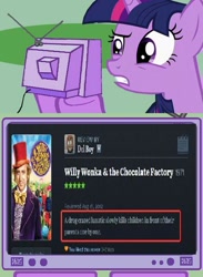 Size: 438x600 | Tagged: safe, derpibooru import, twilight sparkle, charlie and the chocolate factory, exploitable meme, letterboxd, tv meme, willy wonka, willy wonka and the chocolate factory