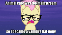 Size: 518x291 | Tagged: safe, fluttershy, bat pony, pony, bats!, caption, flutterbat, glasses, hipster, hipstershy, image macro, meme, race swap, solo