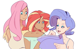 Size: 1535x972 | Tagged: safe, artist:sundown, fluttershy, rarity, sunset shimmer, human, big breasts, breasts, clothes, hootershy, horned humanization, huge breasts, humanized, magazine, simple background, trio