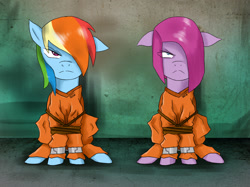 Size: 2139x1604 | Tagged: safe, artist:mlj-lucarias, derpibooru import, pinkie pie, rainbow dash, earth pony, pegasus, pony, clothes, pinkamena diane pie, prison outfit, prisoner pp, prisoner rd, shackles