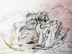 Size: 1024x768 | Tagged: safe, artist:black dog, derpibooru import, twilight sparkle, angry, crater, monochrome, solo