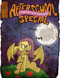 Size: 1024x1325 | Tagged: safe, artist:sonicboy112, fluttershy, bat, bat pony, pony, bats!, apple, cover, flutterbat, moon, night, race swap, solo