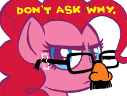 Size: 520x390 | Tagged: safe, artist:woot, pinkie pie, earth pony, pony, female, groucho mask, mare, pink coat, pink mane, solo