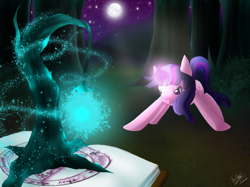 Size: 900x673 | Tagged: safe, artist:neko-luvz, derpibooru import, twilight sparkle, book, magic, magic circle, solo, tree