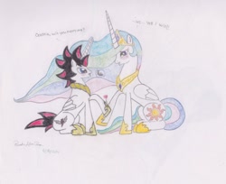 Size: 1029x839 | Tagged: safe, artist:elchavomexicano8000, princess celestia, oc, alicorn, pony, canon x oc, donut steel, marriage proposal, traditional art