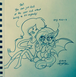 Size: 920x934 | Tagged: safe, artist:willisninety-six, fluttershy, bat pony, pony, bats!, adventure time, crossover, dialogue, flutterbat, marceline, monochrome, race swap, sketchbook, traditional art