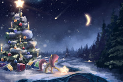 Size: 2000x1333 | Tagged: safe, artist:sylar113, fluttershy, pegasus, pony, bauble, christmas, christmas ornament, christmas tree, crescent moon, decoration, female, forest, glow, mare, moon, night, present, scenery, scenery porn, shooting star, snow, snowfall, solo, stars, tangible heavenly object, tree, water