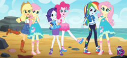 Size: 2304x1053 | Tagged: safe, derpibooru import, applejack, fluttershy, pinkie pie, rainbow dash, rarity, better together, equestria girls, beach, converse, duality, fashion photo booth, self paradox, shoes