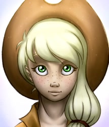 Size: 881x1024 | Tagged: safe, artist:e-kate98, applejack, bust, humanized, portrait, solo