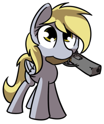 Size: 1281x1524 | Tagged: safe, artist:neuro, derpy hooves, pegasus, pony, female, gun, mare, mouth hold, redraw, revolver, solo, this will end in tears