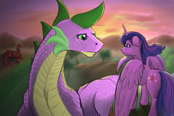 Size: 1200x800 | Tagged: safe, artist:boomythemc, derpibooru import, spike, twilight sparkle, twilight sparkle (alicorn), alicorn, dragon, pony, crying, duo, female, goodbye, immortality blues, male, mare, older, older spike, sad