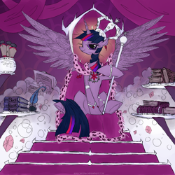 Size: 1000x1000 | Tagged: safe, artist:php15, derpibooru import, twilight sparkle, twilight sparkle (alicorn), alicorn, pony, book, crown, elements of harmony, female, jewelry, mare, royalty, scepter, scroll, smug, smuglight sparkle, solo, throne, treasure, treasure chest, tyrant sparkle