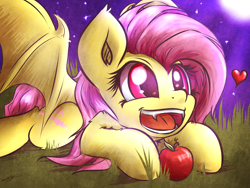 Size: 4000x3000 | Tagged: safe, artist:kyodashiro, fluttershy, bat pony, pony, bats!, absurd resolution, apple, cute, ear tufts, fangs, female, fluffy, flutterbat, happy, heart, leg fluff, mare, moon, night, open mouth, prone, race swap, shoulder fluff, shyabates, shyabetes, smiling, solo, spread wings