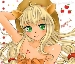 Size: 2450x2100 | Tagged: safe, artist:monicherrie, applejack, armpits, boobie mark, eared humanization, humanized, solo