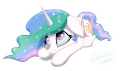 Size: 1055x619 | Tagged: safe, artist:tsand106, princess celestia, alicorn, pony, crying, mare in the moon, prone, reflection, solo