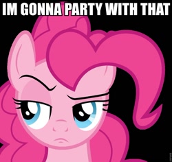 Size: 960x905 | Tagged: safe, artist:byteslice, edit, pinkie pie, earth pony, pony, three's a crowd, caption, disapproval, juxtaposition bait, solo, suspicious face