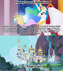 Size: 1021x1149 | Tagged: safe, granny smith, princess celestia, alicorn, deer, pony, celestia's proclamation, exploitable meme, meme, simpsons did it, the simpsons, war