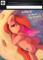 Size: 652x900 | Tagged: dead source, safe, artist:dhui, pinkie pie, earth pony, pony, lonely, looking at you, moon, on back, solo, tangible heavenly object, tired pie, tumblr