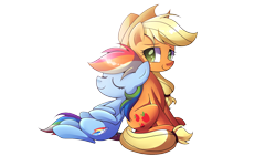 Size: 1920x1080 | Tagged: safe, artist:drawntildawn, derpibooru import, applejack, rainbow dash, earth pony, pegasus, pony, eyes closed, friendshipping, on back, simple background, sitting, smiling, transparent background