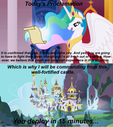 Size: 1021x1149 | Tagged: safe, princess celestia, alicorn, pony, attack on titan, attack on titan abridged, celestia's proclamation, exploitable meme, meme, team four star, teamfourstar