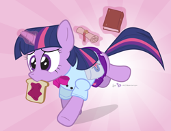 Size: 900x692 | Tagged: safe, artist:dm29, derpibooru import, twilight sparkle, pony, equestria girls, clothes, equestria girls outfit, equestria girls ponified, magic, ponified, saddle bag, school uniform, schoolgirl toast, scroll, skirt, solo, toast